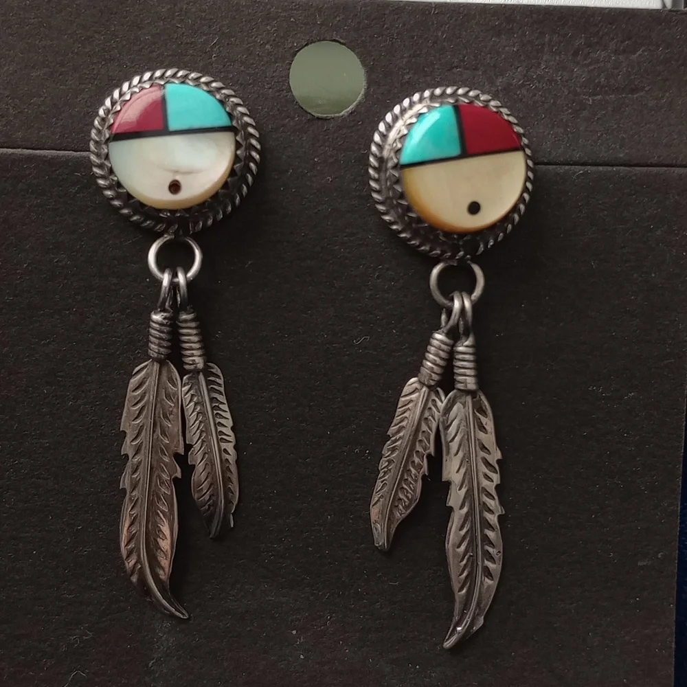 Sterling Silver Feather Earrings with SunFace Multicolor Inlay Studs Signed PH - Picture 3 of 15